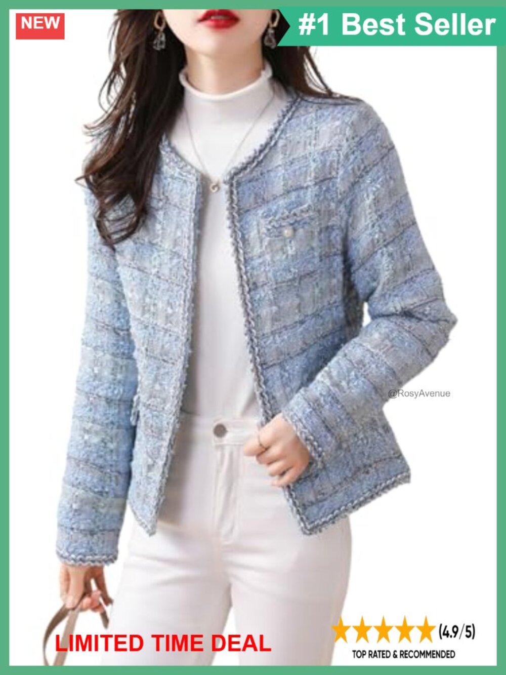 Tweed Open Front Blazer Collarless V-Neck Slim Fit Business Casual Jacket